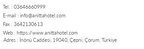 Anitta Hotel telefon numaralar, faks, e-mail, posta adresi ve iletiim bilgileri